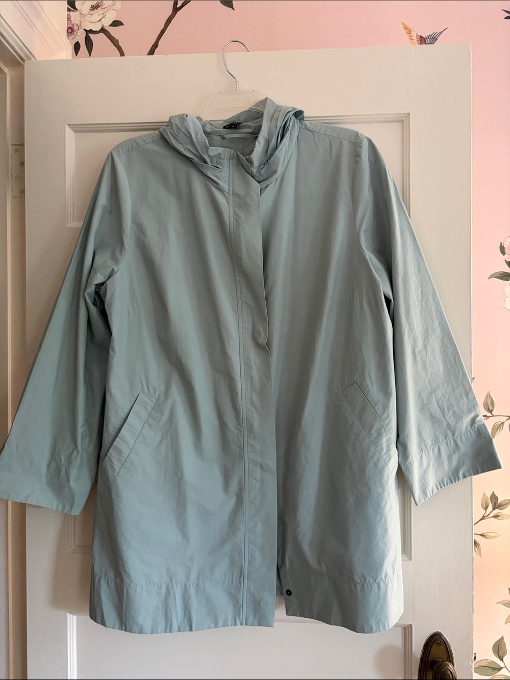 Eileen Fisher Pale Blue Lightweight Hooded Trench Coat
